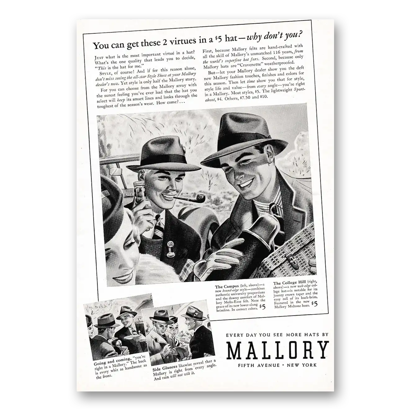 1939 Mallory Hats You Can Get These 2 Virtues Vintage Magazine Print Ad