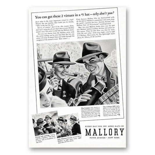 1939 Mallory Hats You Can Get These 2 Virtues Vintage Magazine Print Ad