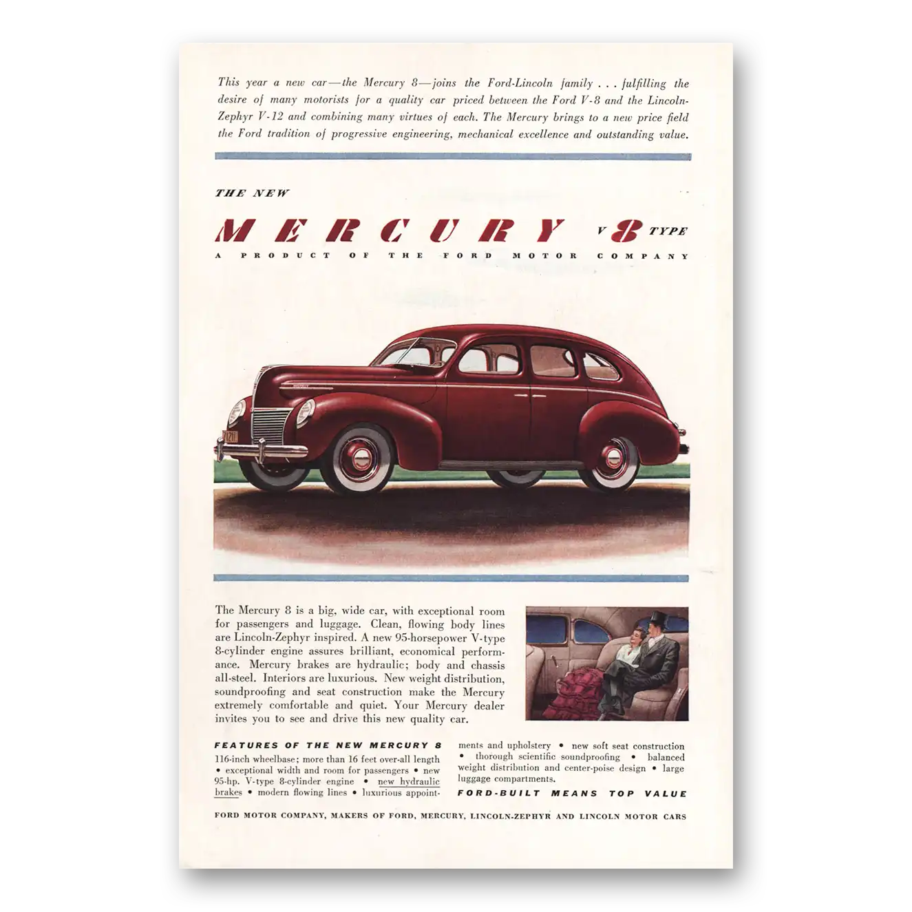 1939 Mercury 8 Type Big Wide Car Exceptional Room Vintage Magazine Print Ad