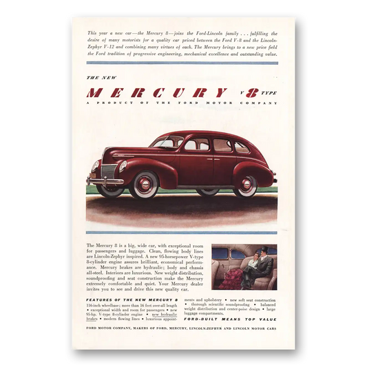 1939 Mercury 8 Type Big Wide Car Exceptional Room Vintage Magazine Print Ad