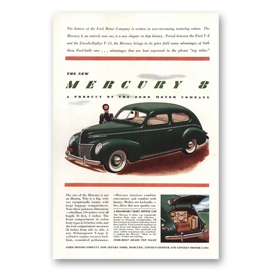 1939 Mercury 8 Type Size Is Not an Illusion Vintage Magazine Print Ad