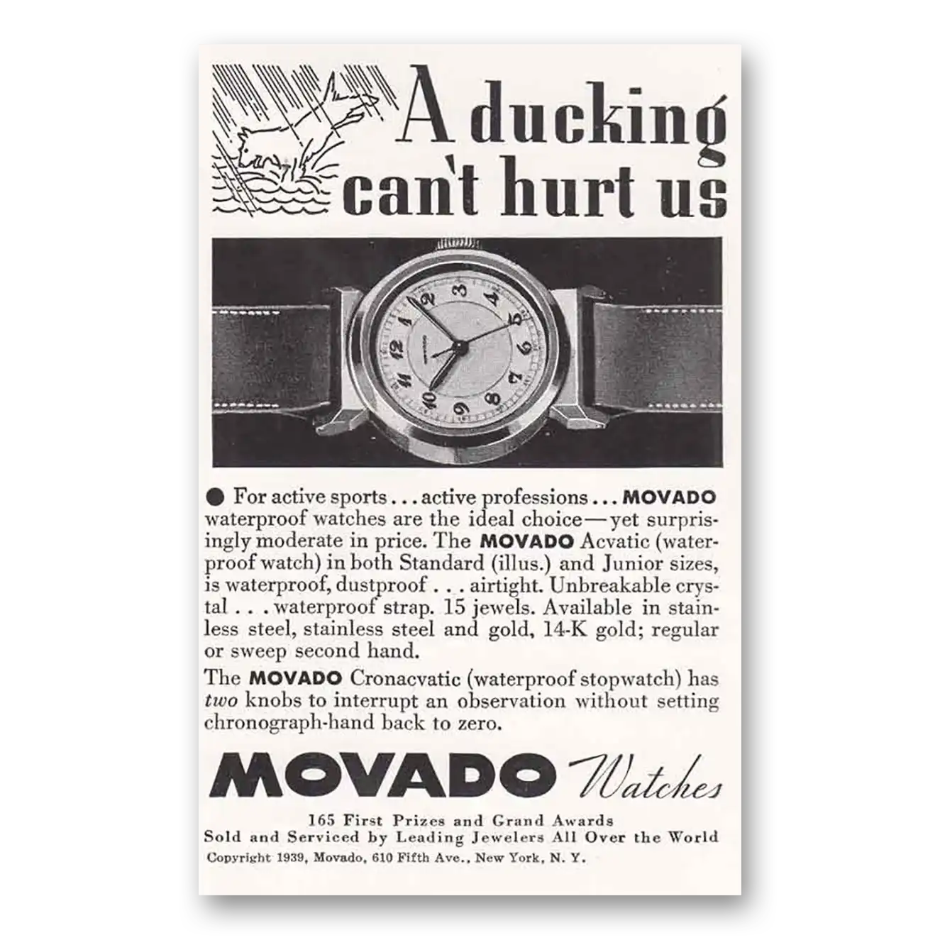 1939 Movado Watch Ducking Can't Hurt Us Vintage Magazine Print Ad