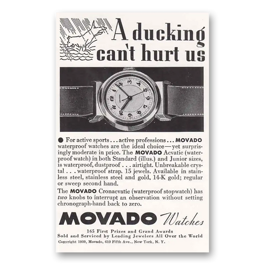 1939 Movado Watch Ducking Can't Hurt Us Vintage Magazine Print Ad