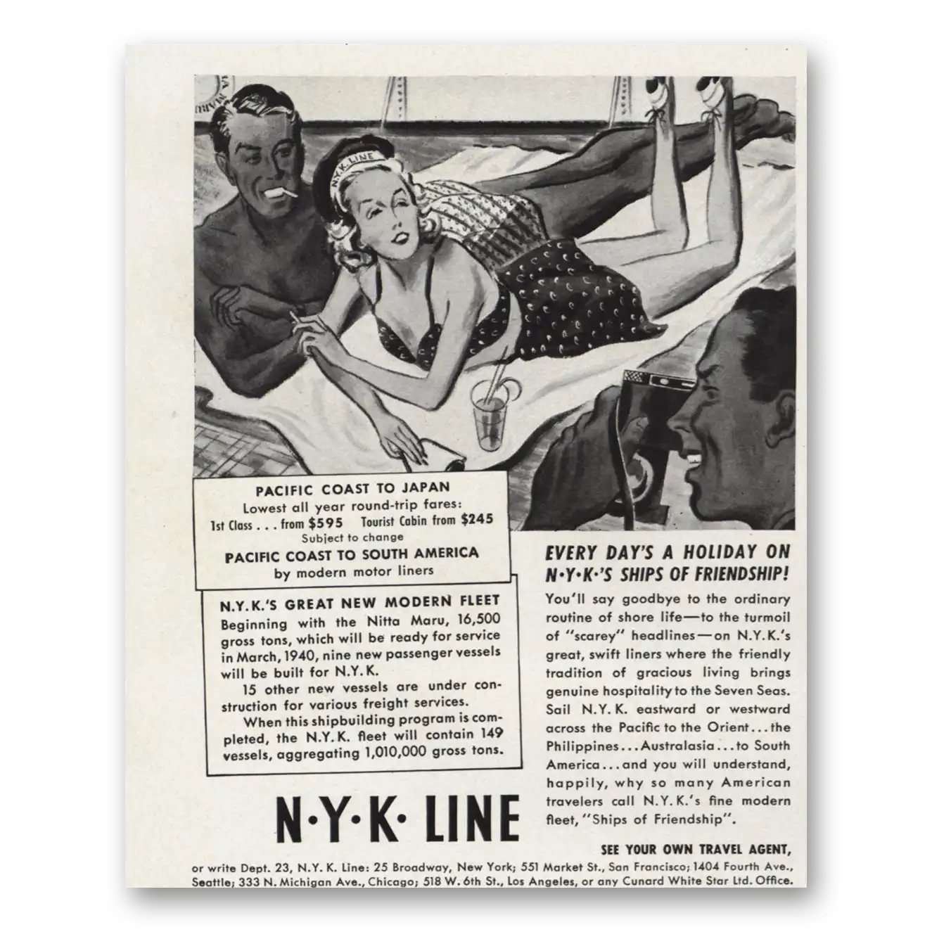 1939 NYK Line Every Days a Holiday Vintage Magazine Print Ad