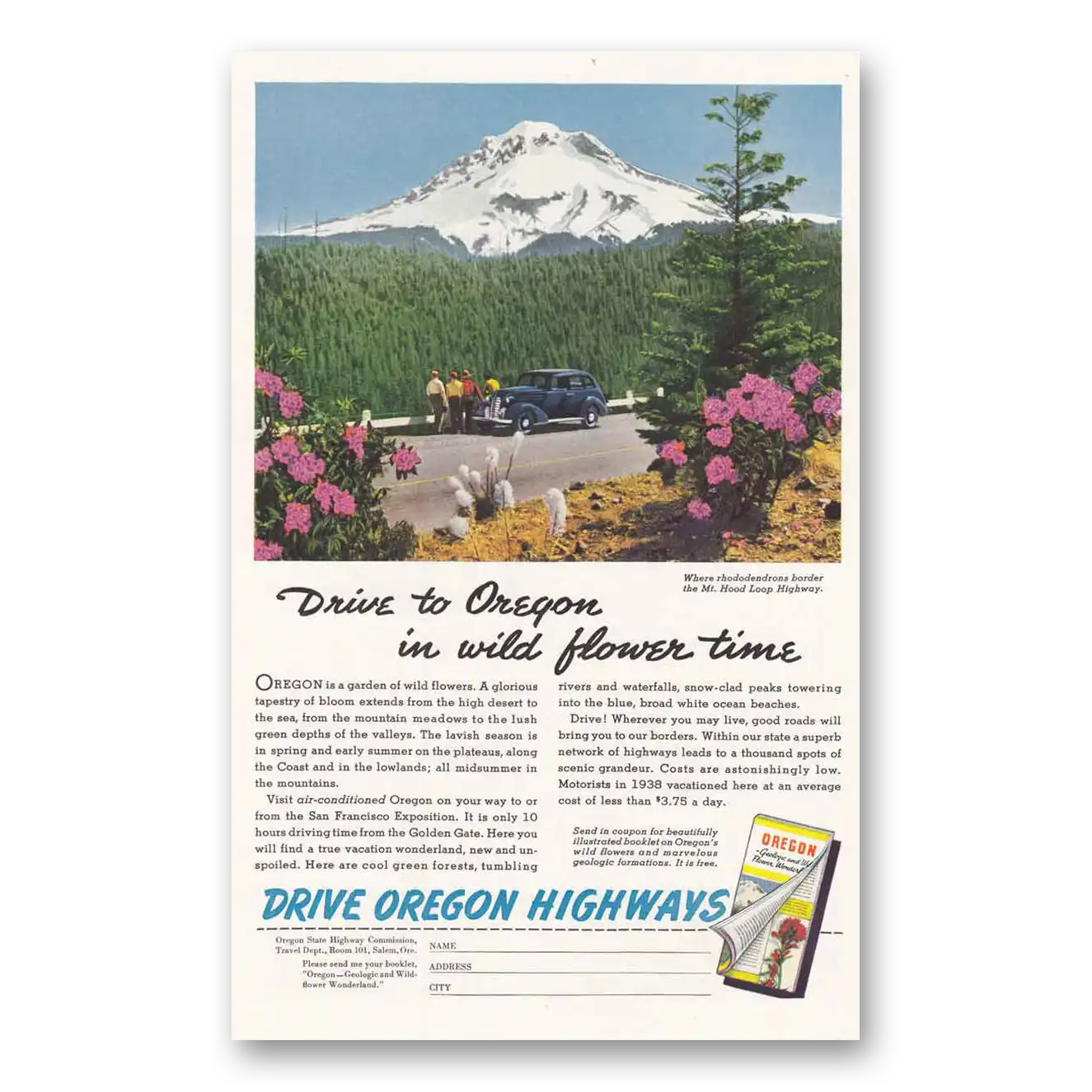 1939 Oregon Highways Drive to Oregon in Wild Flower Vintage Magazine Print Ad