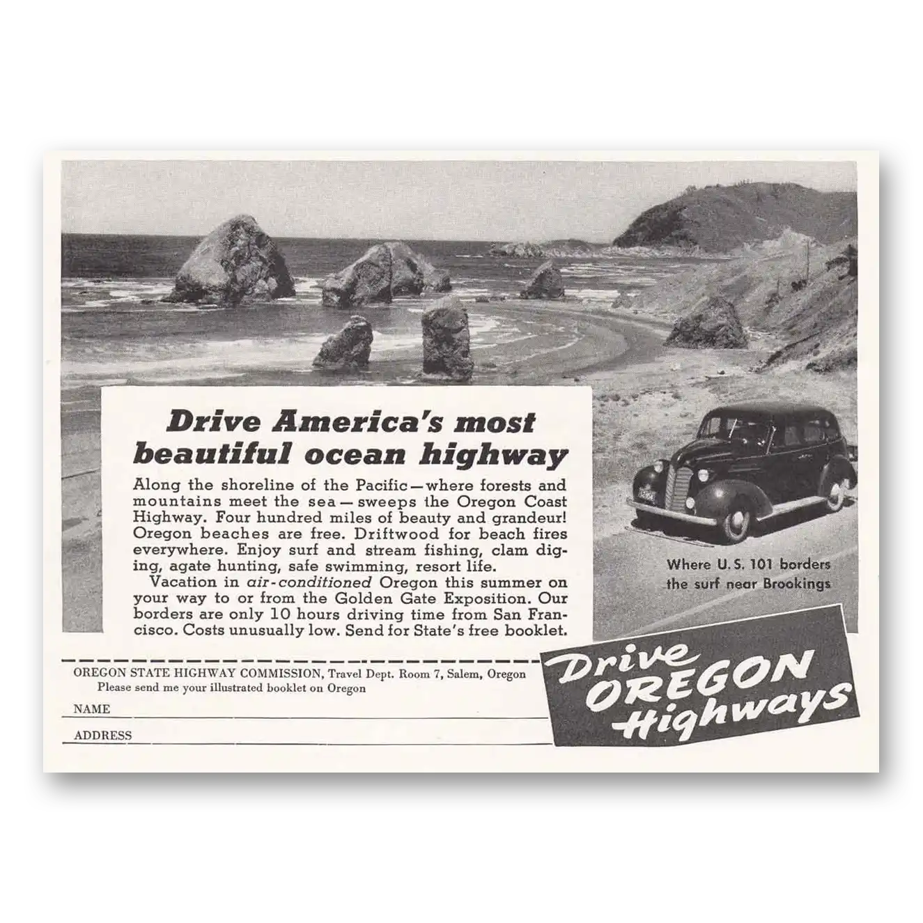 1939 Oregon Highways Most Beautiful Ocean Highway Vintage Magazine Print Ad