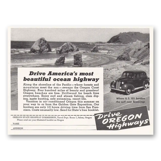 1939 Oregon Highways Most Beautiful Ocean Highway Vintage Magazine Print Ad