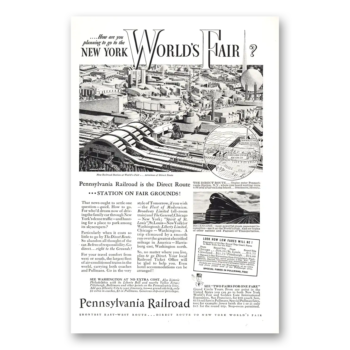 1939 Pennsylvania Railroad New York Worlds Fair Vintage Magazine Print Ad