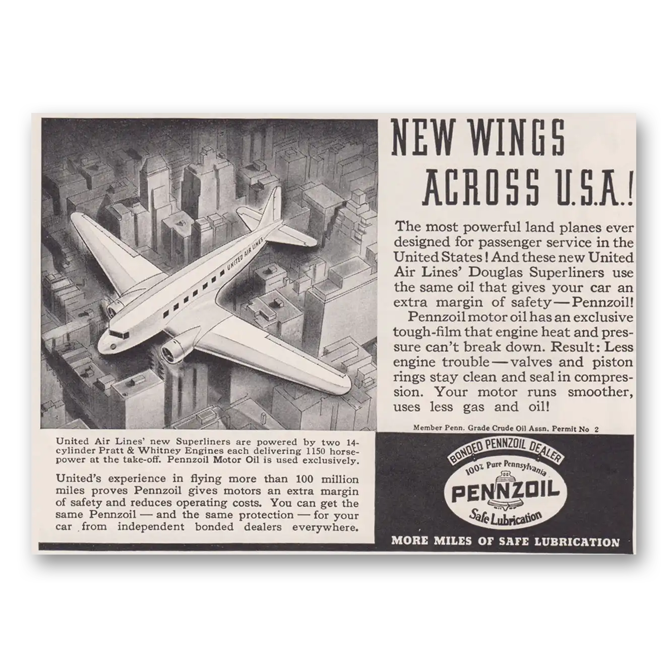 1939 Pennzoil New Wings Across USA Vintage Magazine Print Ad