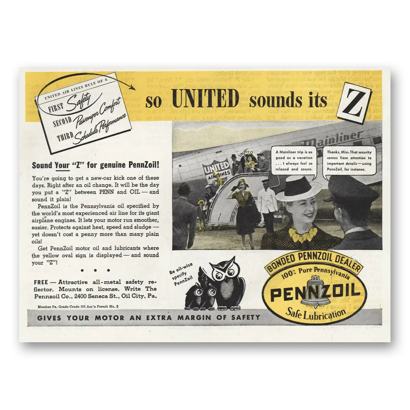 1939 Pennzoil United Sounds Its Z Vintage Magazine Print Ad