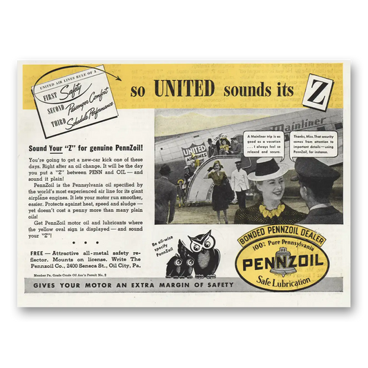 1939 Pennzoil United Sounds Its Z Vintage Magazine Print Ad