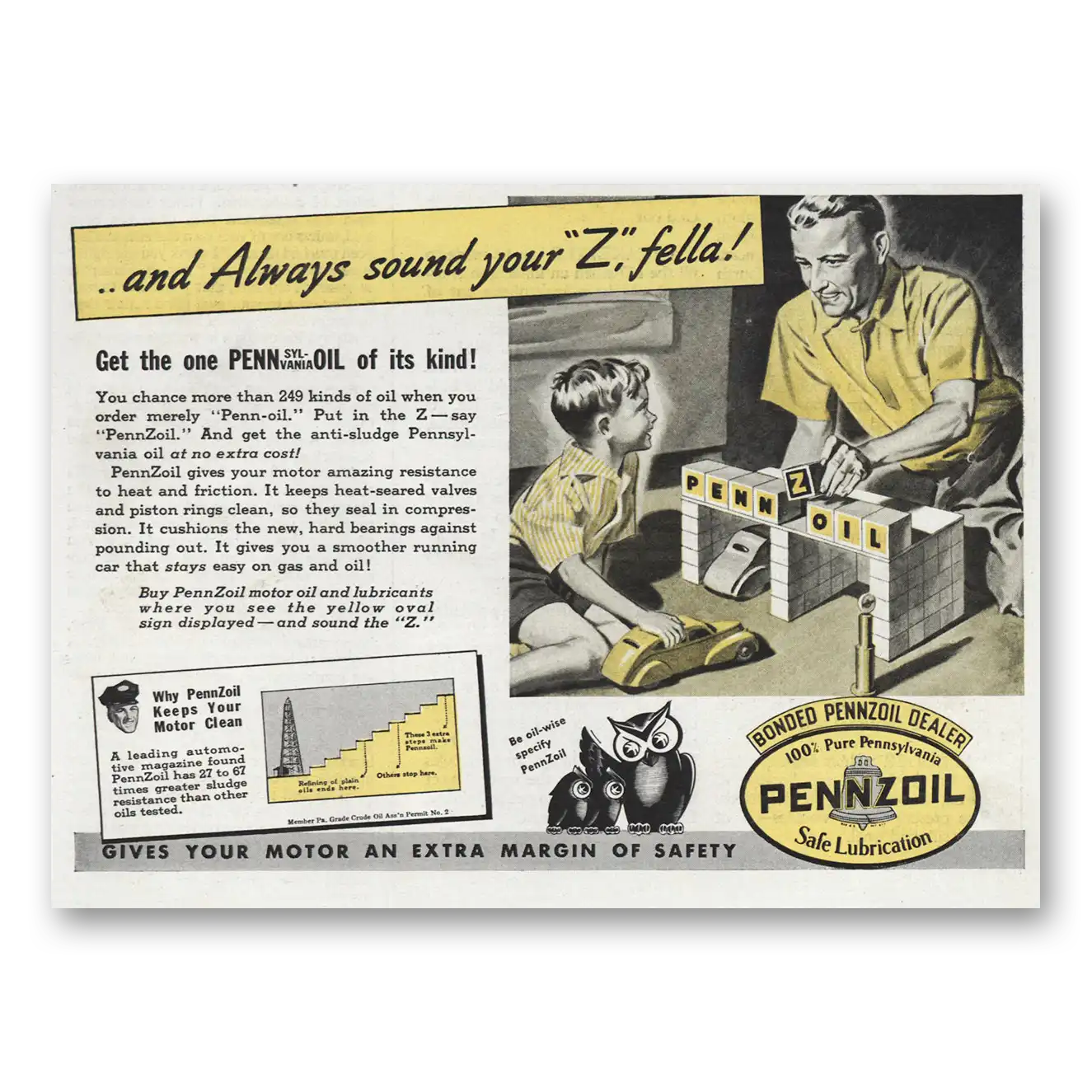 1939 Pennzoil Always Sound Your Z Fella Vintage Magazine Print Ad