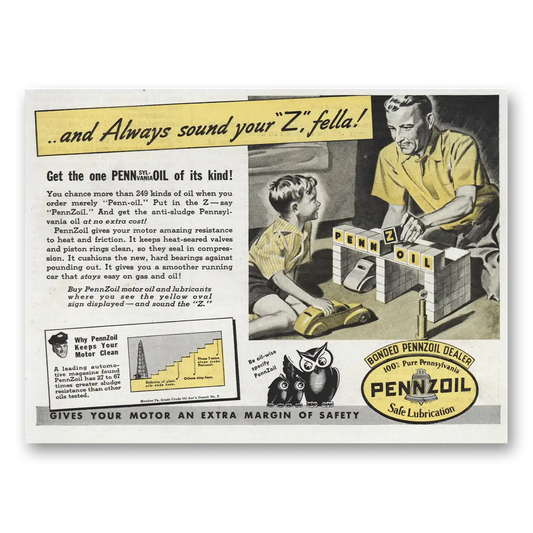 1939 Pennzoil Always Sound Your Z Fella Vintage Magazine Print Ad