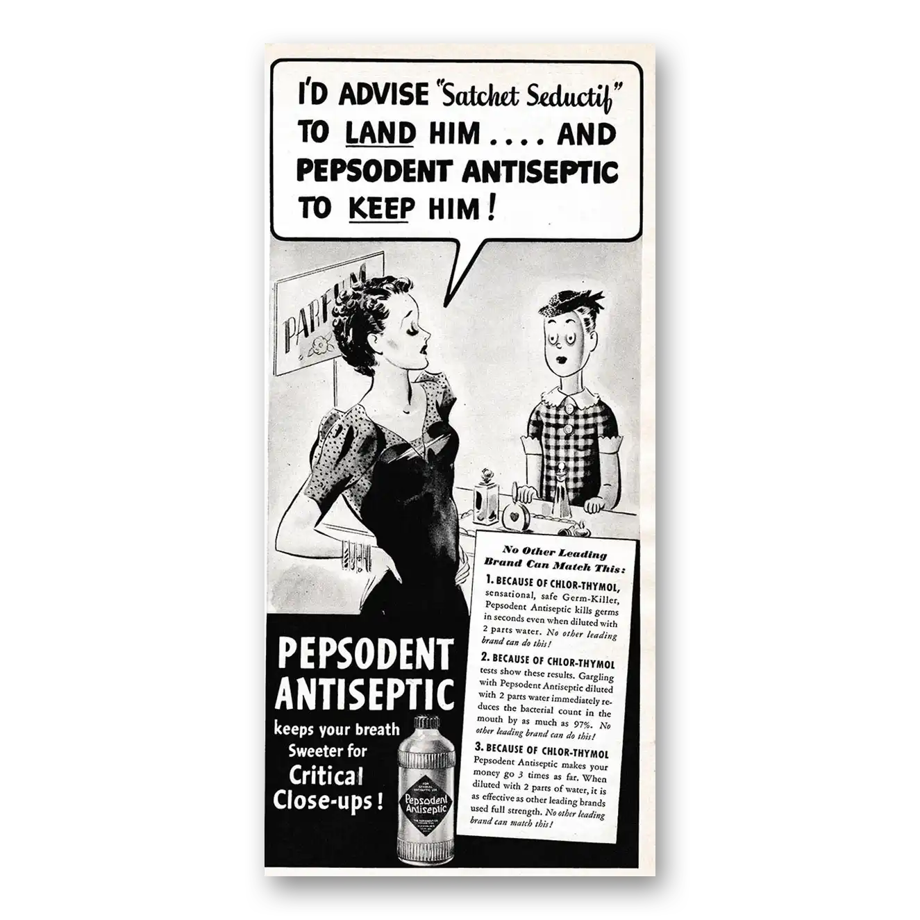 1939 Pepsodent Antiseptic I'd Advise Satchet Seductif To Land Him Vintage Magazine Print Ad