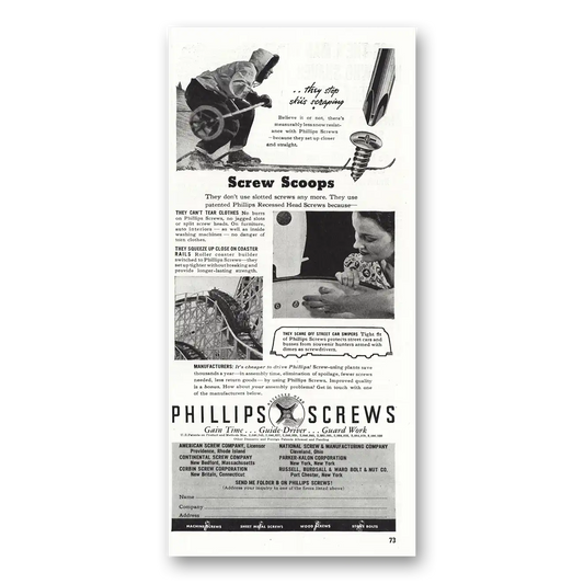 1938 Phillips Screws Screw Scoops Vintage Magazine Print Ad