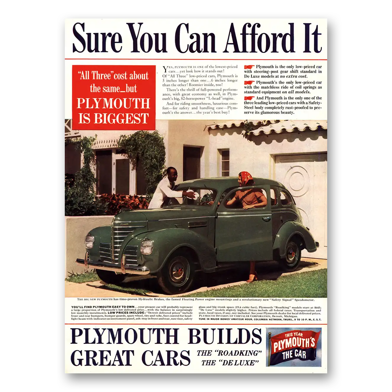 1939 Plymouth Sure You Can Afford It Vintage Magazine Print Ad