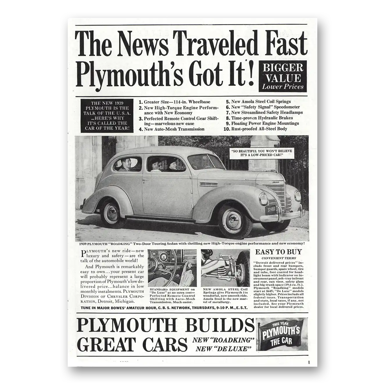 1939 Plymouth News Traveled Fast Vintage Magazine Print Ad