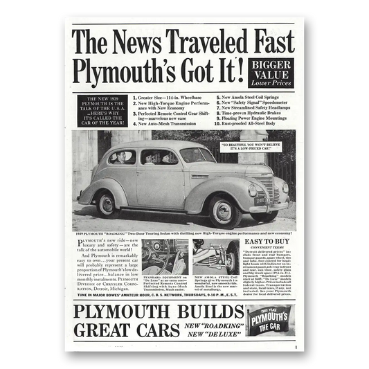 1939 Plymouth News Traveled Fast Vintage Magazine Print Ad