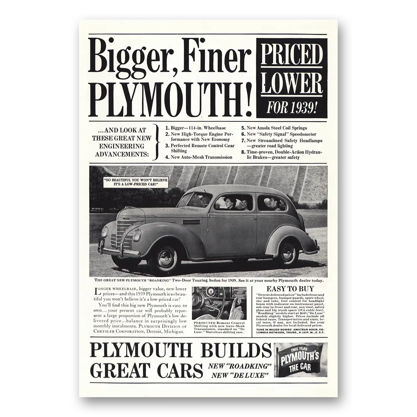 1939 Plymouth Bigger Finer Plymouth Vintage Magazine Print Ad