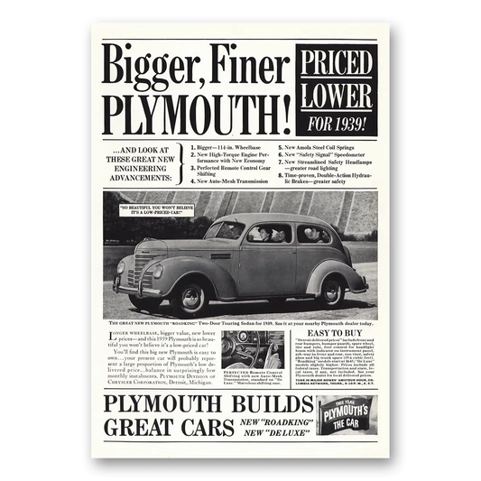 1939 Plymouth Bigger Finer Plymouth Vintage Magazine Print Ad