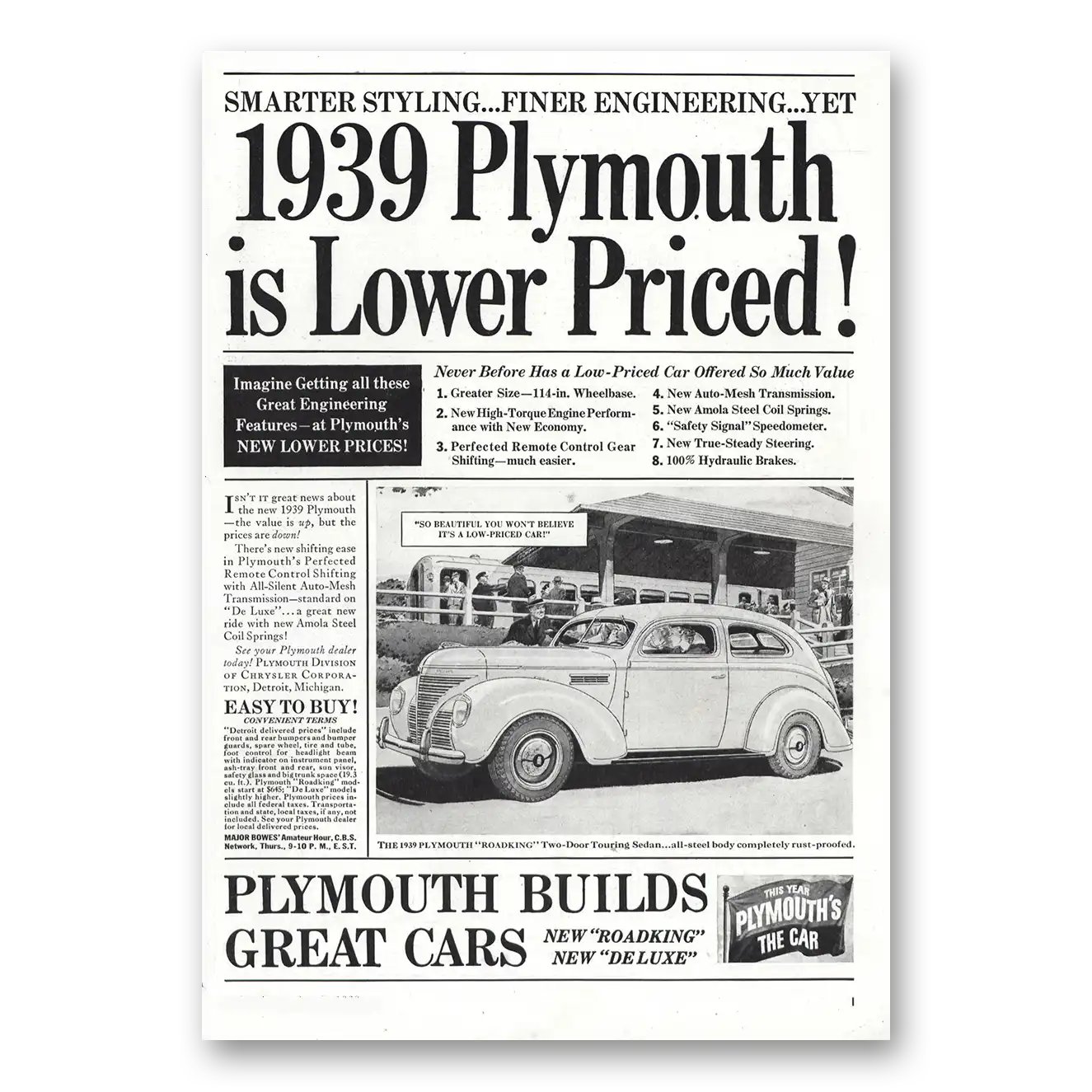 1939 Plymouth Lower Priced Vintage Magazine Print Ad