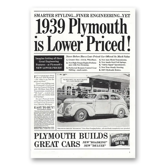 1939 Plymouth Lower Priced Vintage Magazine Print Ad