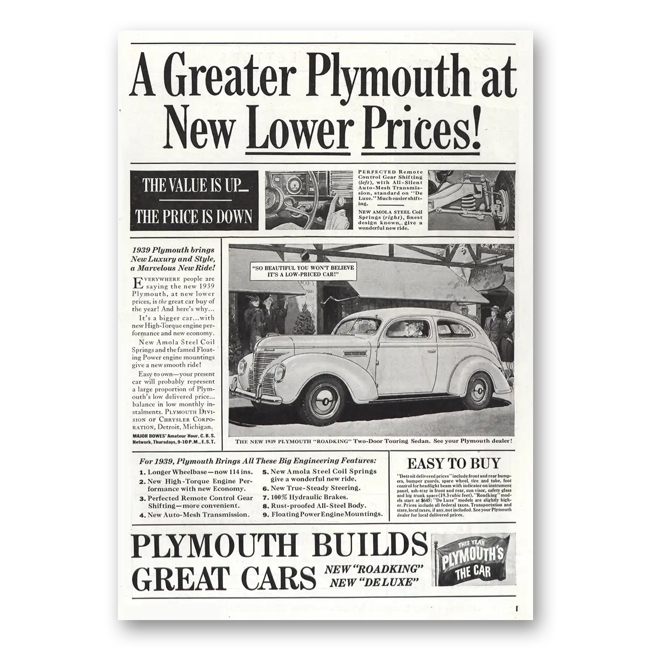 1939 Plymouth Greater Plymouth Lower Prices Vintage Magazine Print Ad