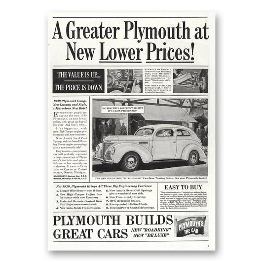 1939 Plymouth Greater Plymouth Lower Prices Vintage Magazine Print Ad