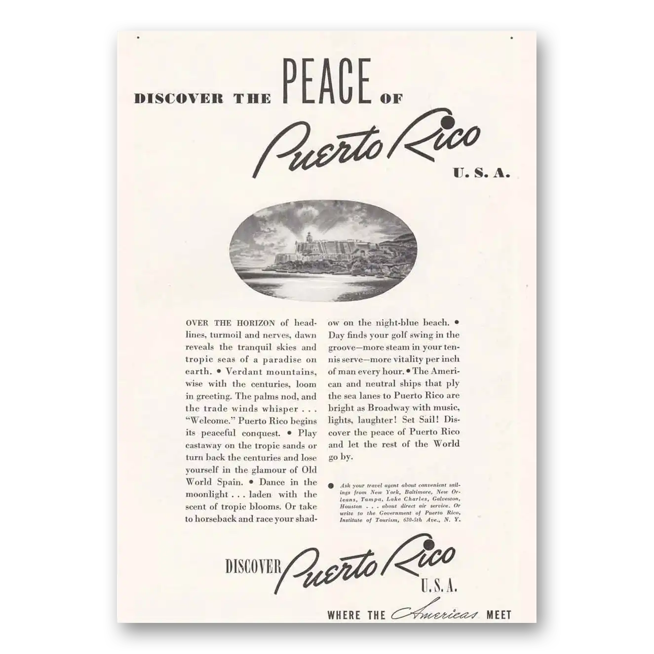 1939 Puerto Rico Discover the Peace Vintage Magazine Print Ad