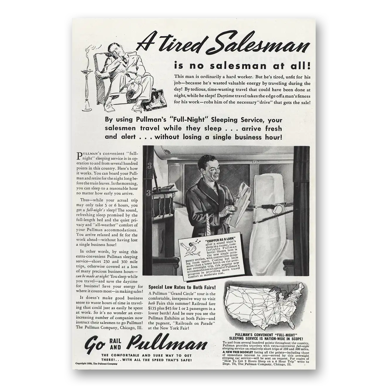 1939 Pullman Tired Salesman Vintage Magazine Print Ad