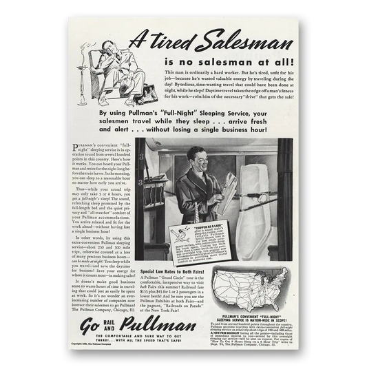 1939 Pullman Tired Salesman Vintage Magazine Print Ad