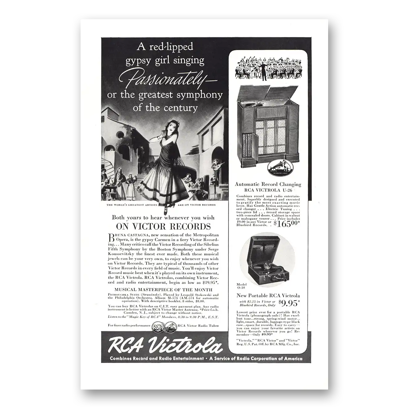 1939 RCA Victor Radios Victrola Red Lipped Gypsy Girl Singing Vintage Magazine Print Ad