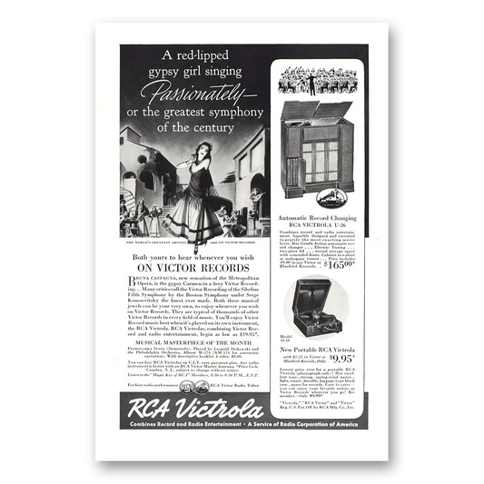 1939 RCA Victor Radios Victrola Red Lipped Gypsy Girl Singing Vintage Magazine Print Ad