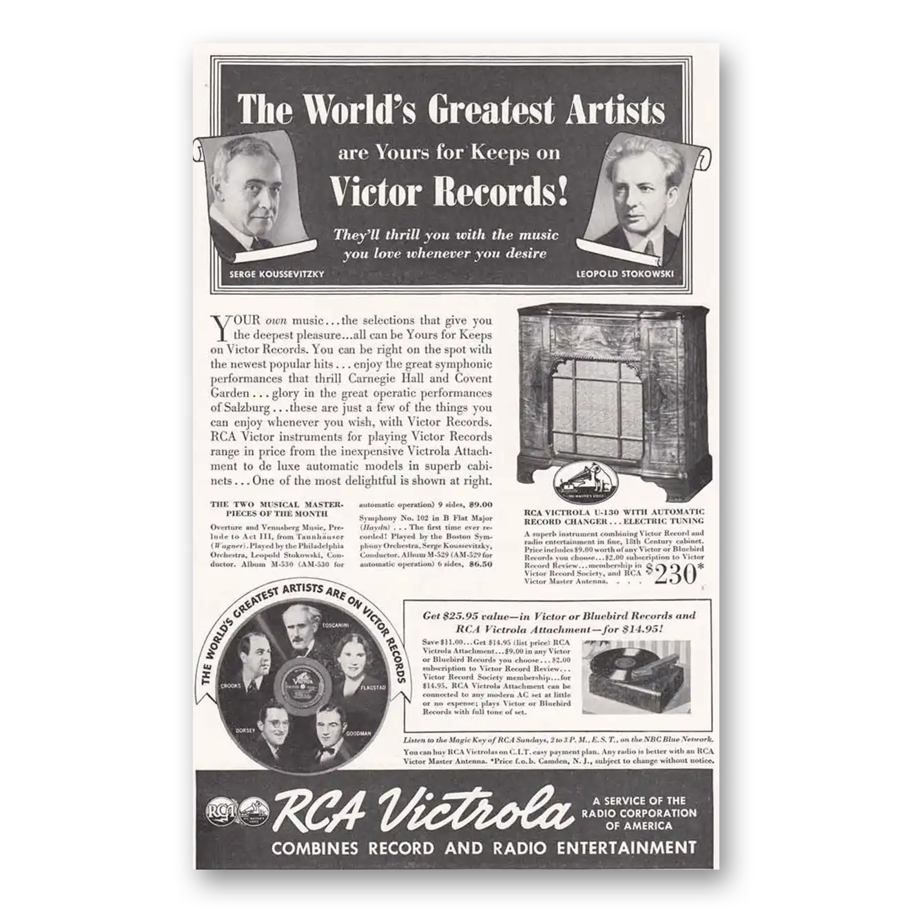 1939 RCA Victor Radios Victrola Serge Koussevitzky Leopold Stokows Vintage Magazine Print Ad