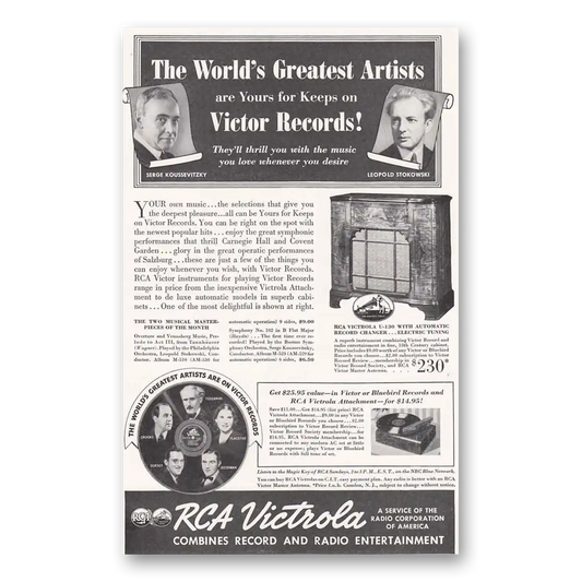 1939 RCA Victor Radios Victrola Serge Koussevitzky Leopold Stokows Vintage Magazine Print Ad