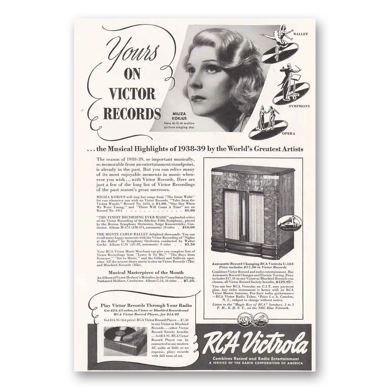 1939 RCA Victor Radios Victrola Miliza Korjus Vintage Magazine Print Ad