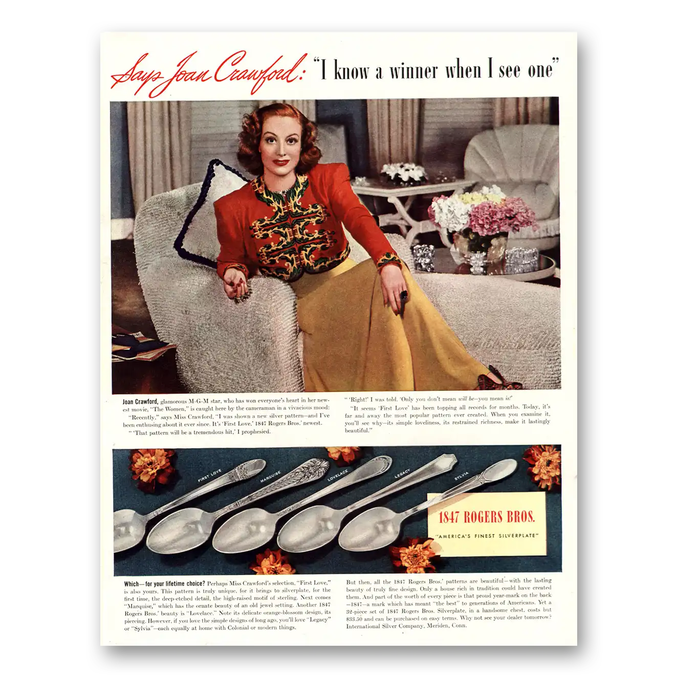 1939 1847 Rogers Bros Joan Crawford I Know a Winner Vintage Magazine Print Ad