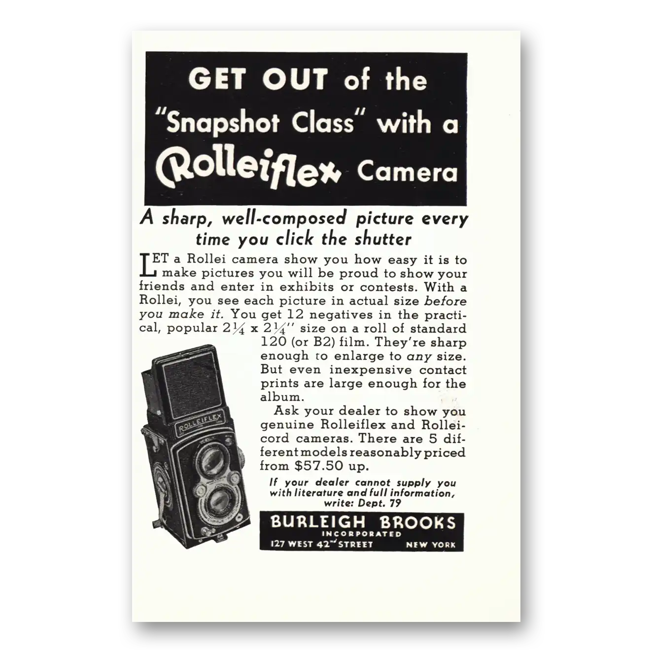 1939 Rolleiflex Camera Snapshot Class Vintage Magazine Print Ad