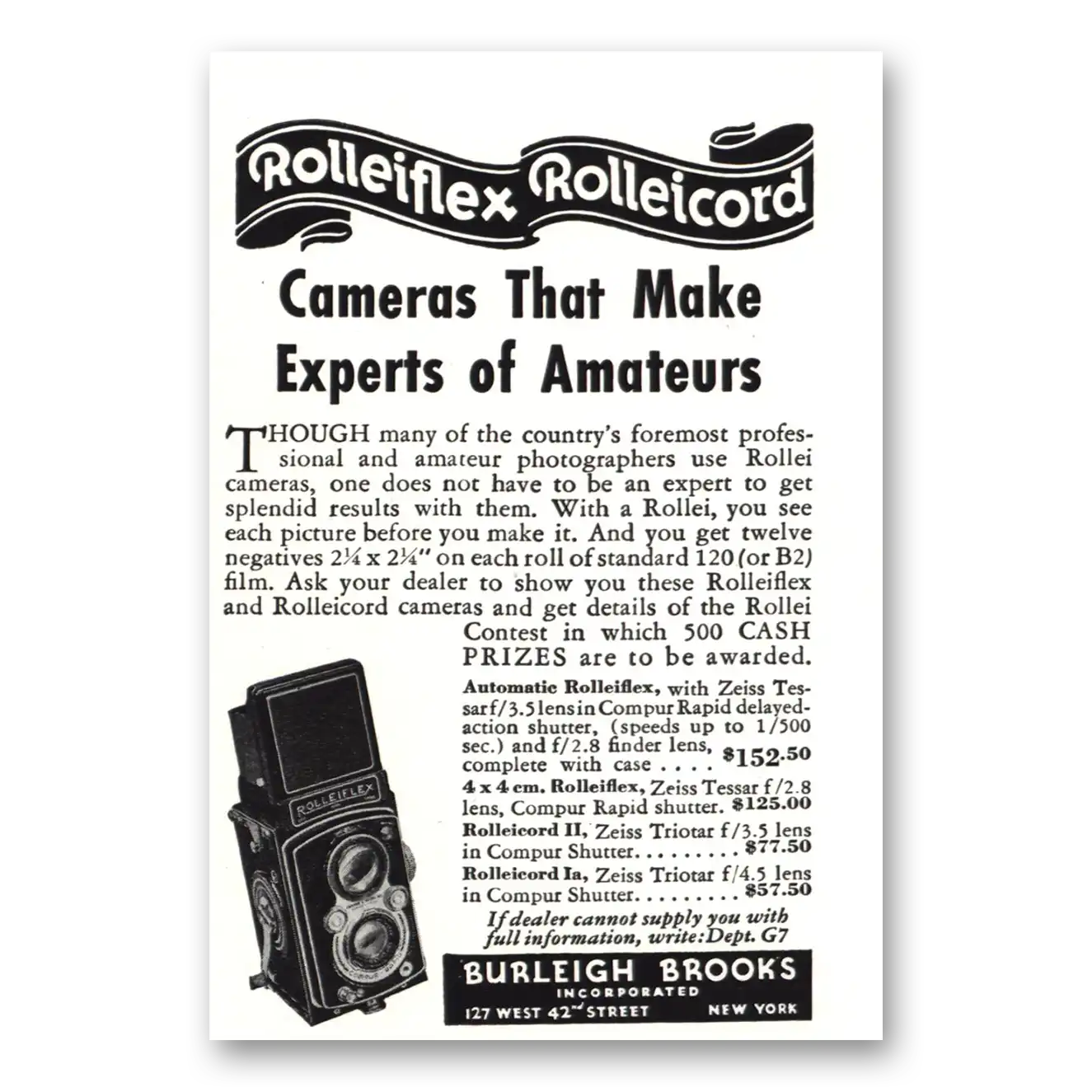 1939 Rolleiflex Camera Experts of Amateurs Vintage Magazine Print Ad