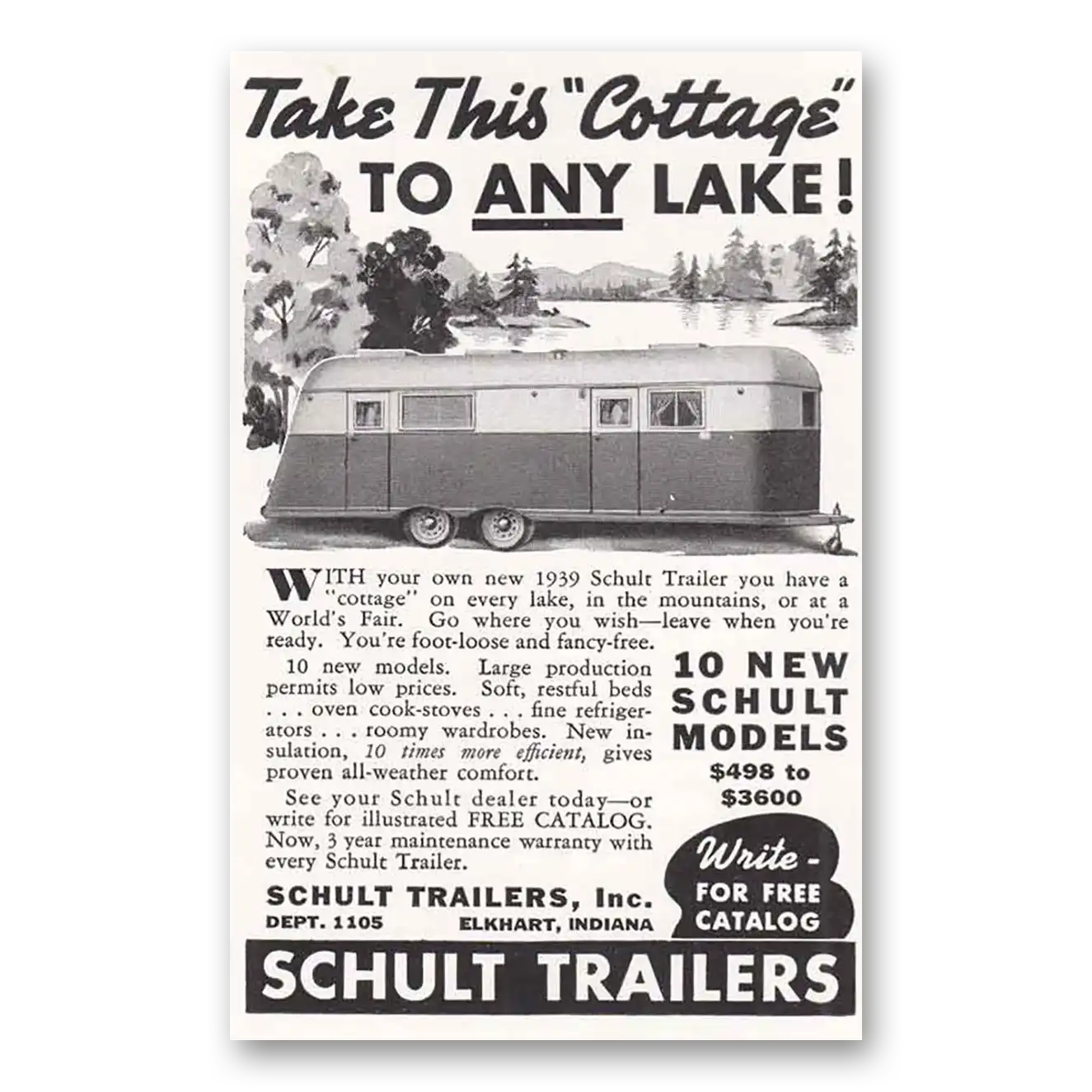 1939 Schult Trailer Coaches Take This Cottage to Any Lake Vintage Magazine Print Ad