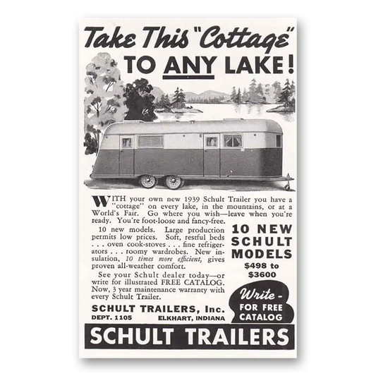 1939 Schult Trailer Coaches Take This Cottage to Any Lake Vintage Magazine Print Ad