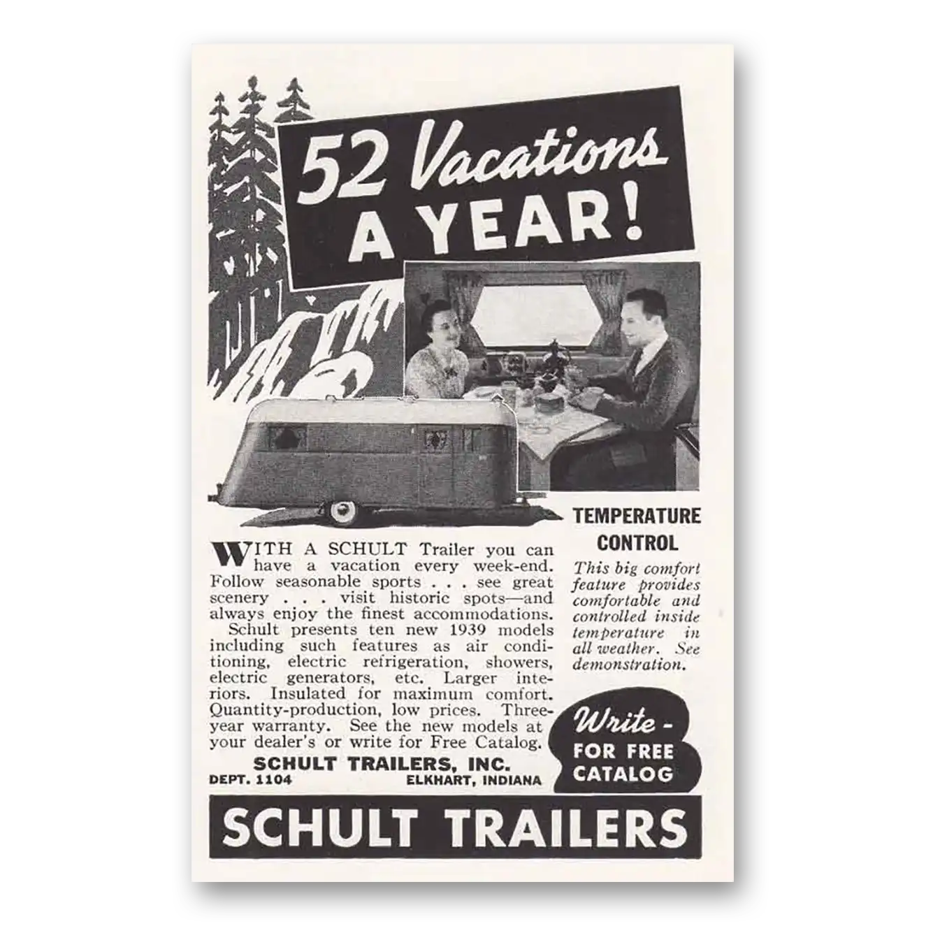 1939 Schult Trailer Coaches 52 Vacations a Year Vintage Magazine Print Ad