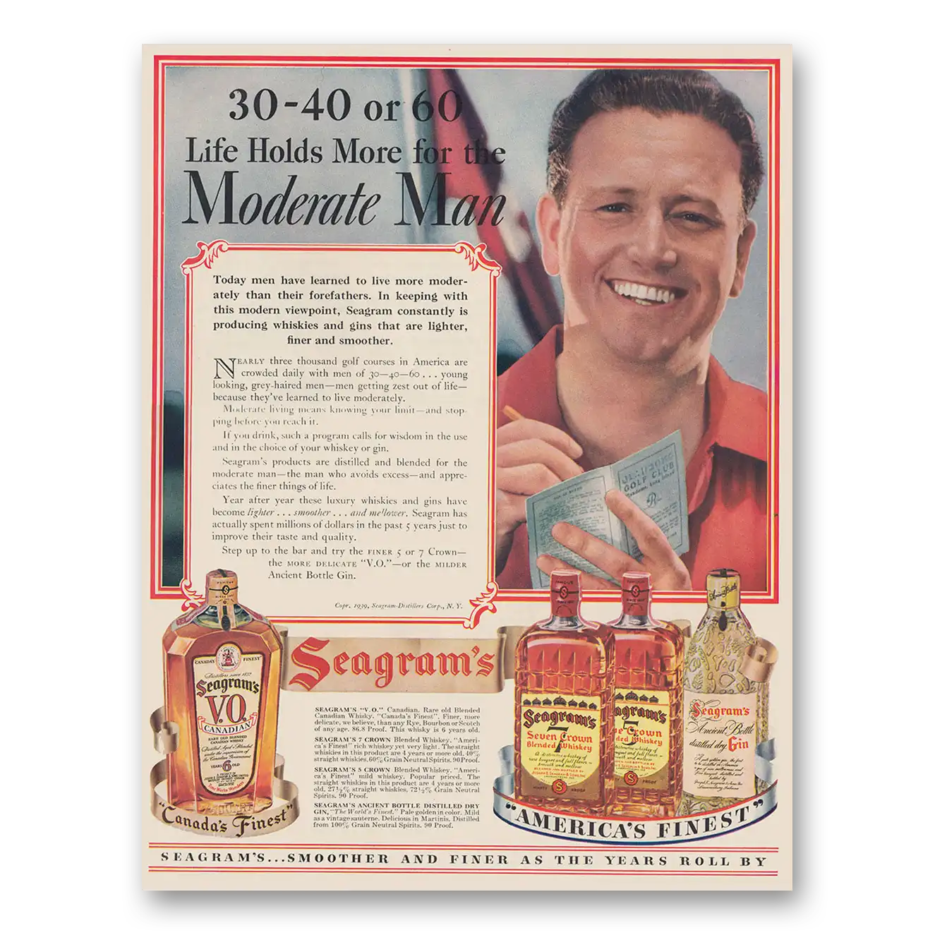 1939 Seagrams VO Whisky Life Holds More For the Moderate Man Vintage Magazine Print Ad