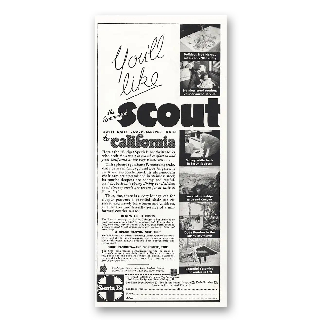 1939 Santa Fe Railway Economical Scout Vintage Magazine Print Ad