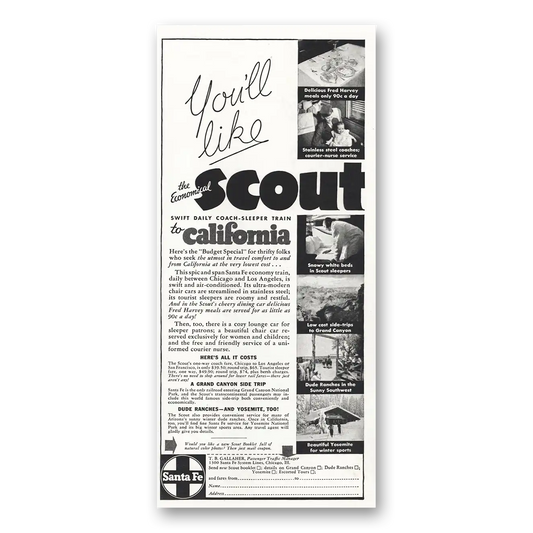 1939 Santa Fe Railway Economical Scout Vintage Magazine Print Ad