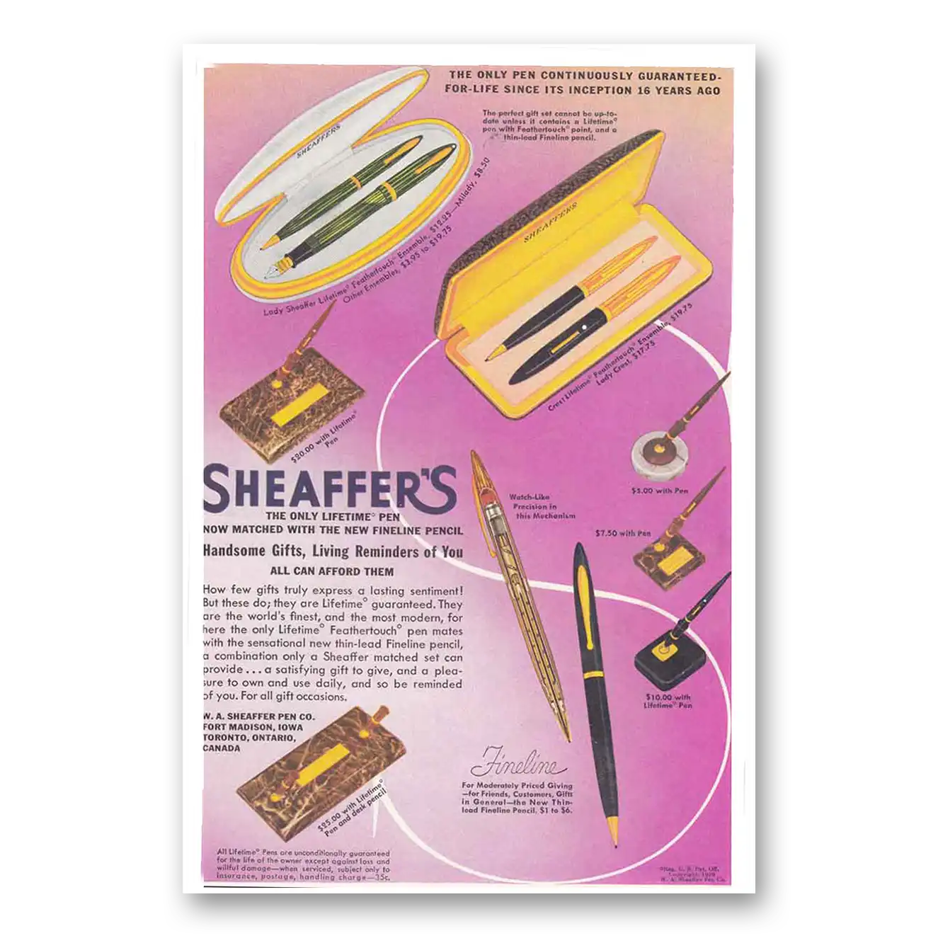 1939 Sheaffers Lifetime Feathertouch Pen Only Lifetime Pen Vintage Magazine Print Ad