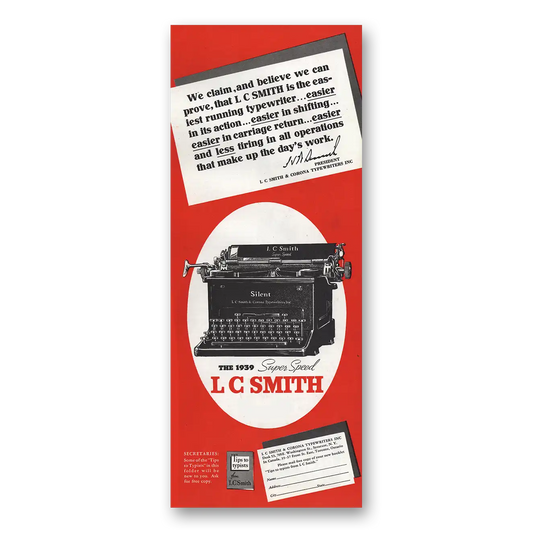 1939 Smith Corona Typewriters Silent Super Speed Vintage Magazine Print Ad