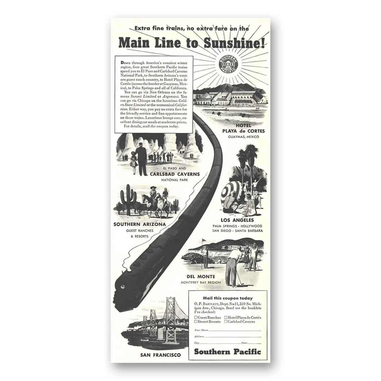 1939 Southern Pacific Main Line to Sunshine Vintage Magazine Print Ad