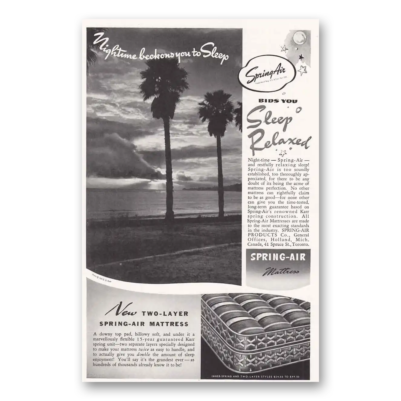 1939 Spring Air Mattress Nightime Beckons You Vintage Magazine Print Ad