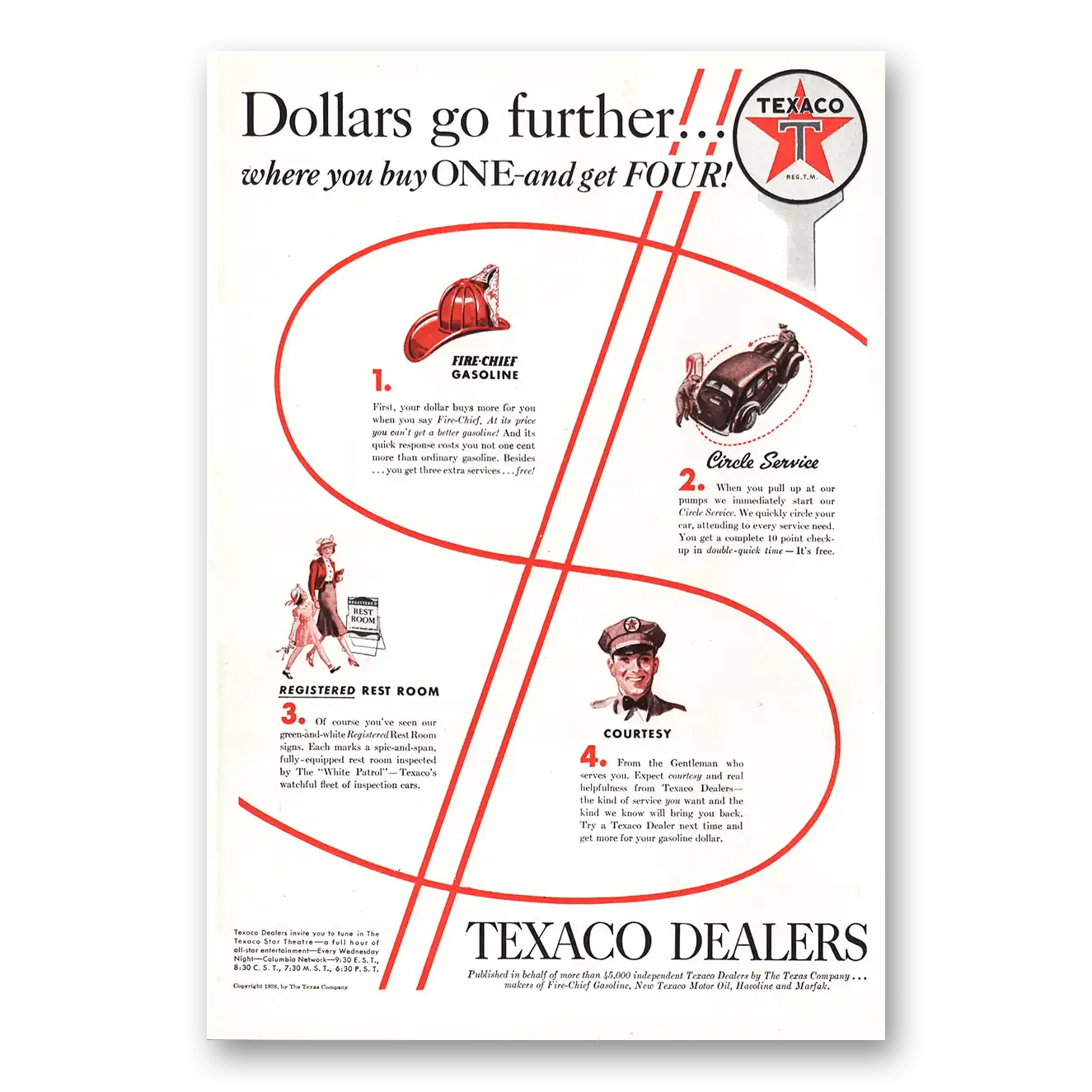 1939 Texaco Dollars Go Further Vintage Magazine Print Ad